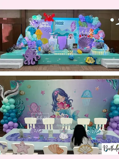 We dove deep to create this enchanting mermaid world for Poorvi's birthday. The party featured a custom stage with shimmering backdrops, seashell props, and an underwater-themed dining area, making it a magical oceanic adventure.