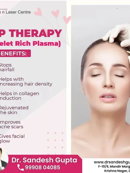 This graphic outlines the key benefits of PRP therapy. It not only stops hair fall and increases hair density but also offers benefits for the skin, such as collagen induction and improving acne scars.