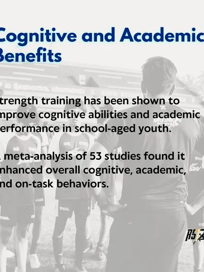 The benefits of our youth programs extend beyond the field. This visual highlights research showing that strength training improves cognitive abilities, academic performance, and on-task behaviors in school-aged children.
