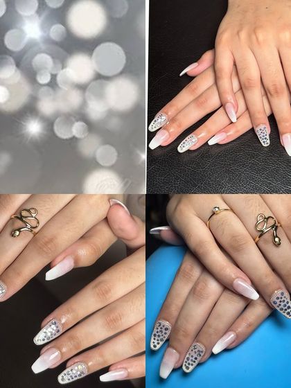 A mood board collage capturing the essence of this sparkly ombré nail set, perfect for a glamorous bride.