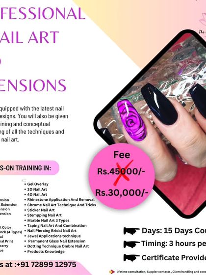 This graphic provides all the details for my professional nail art and extensions course. It lists the comprehensive syllabus, course duration, timing, and the special discounted fee.
