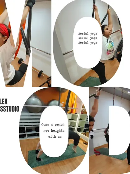Today's mood is sponsored by aerial yoga. This creative graphic captures the feeling of reaching new heights and finding your flow in our classes.
