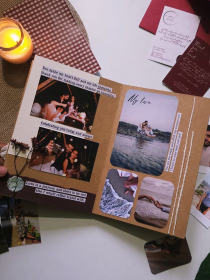 The inside of a memory book is where the story unfolds. Here, I used a mix of photo layouts and handwritten notes to capture a couple's journey, from candid moments to special occasions.