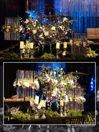 A collage showcasing the dramatic floral arrangements used in the modern sangeet, featuring wild lilies, purple blooms, and crystal lamps.