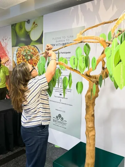 A participant carefully hangs her pledge leaf on our tree. This small act is part of a much larger movement to turn our barren spaces green.