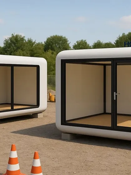 Our "Glass Haven" pods are shown here on a construction site, ready for deployment. Their simple, robust design allows for quick and easy installation anywhere.