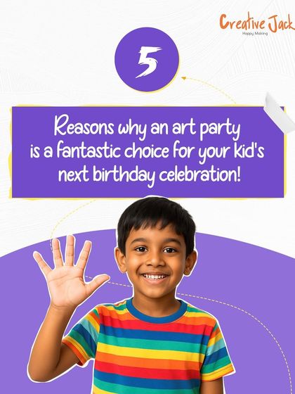 This graphic introduces "5 Reasons why an art party is a fantastic choice," featuring a happy, smiling child ready to get creative.