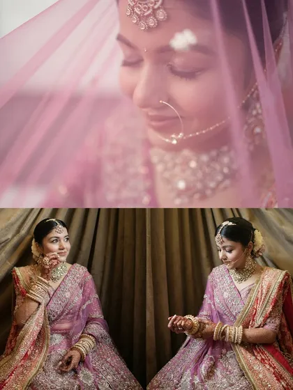 A collage of bridal portraits, showing the bride Juhi from different angles, including a close-up through her veil and her thoughtful expressions.