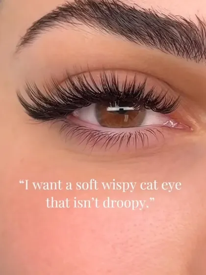 This is for everyone who asks for that "soft wispy cat eye that isn't droopy." I created this look by mixing different lash curls and lengths to give a lifted, elongated effect that looks fluttery and light. It’s a customized lash map that enhances your unique eye shape.