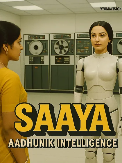 A still from the fictional VyomaVision film 'Saaya', featuring a woman confronting her robotic double. This explores classic sci-fi themes of identity and artificial intelligence.