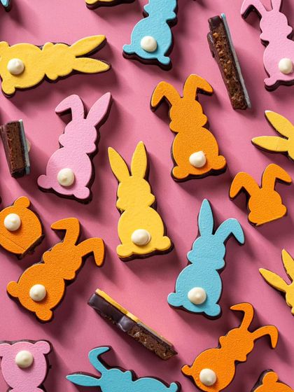 A flat lay of the colorful chocolate Easter bunnies, showing off their cute design and vibrant colors. They are a limited edition treat perfect for the season.