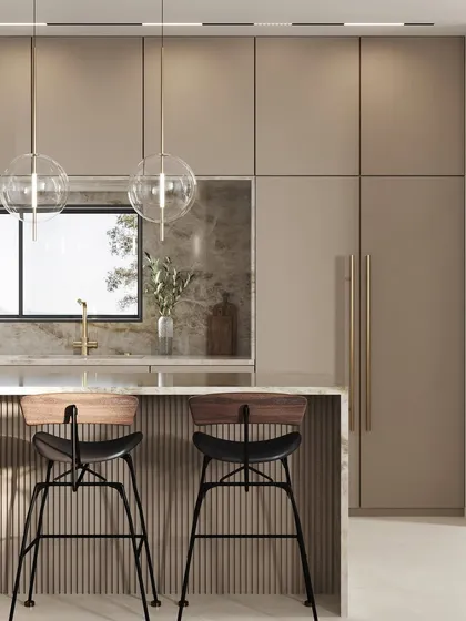 A kitchen concept for a Gurugram project, featuring a minimalist design with handleless cabinets, a marble-clad island, and elegant globe pendant lights.