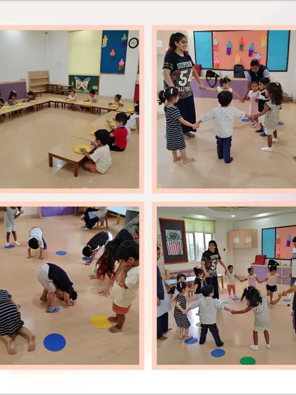 A beautiful collage showing children learning to play and work together. From holding hands in a circle to bending and stretching as a group, these activities build a sense of community.