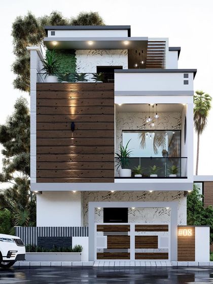 A compact and elegant home design featuring a vertical green wall on the balcony and textured wood paneling. The integrated lighting on the facade adds warmth and highlights the architectural details.