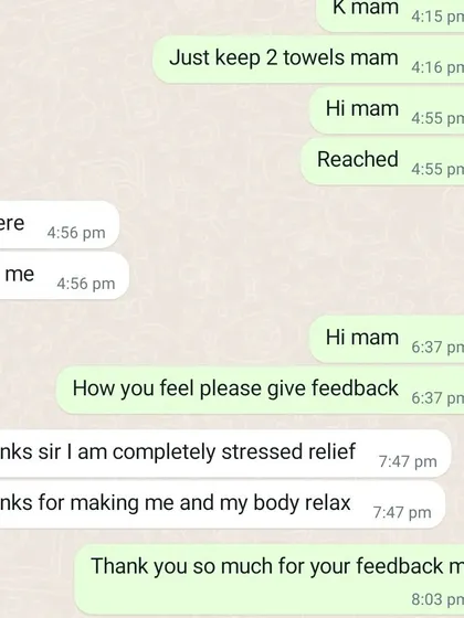 This is a client's feedback after a home service session. My main goal is to provide complete stress relief and help you and your body relax after a long day.