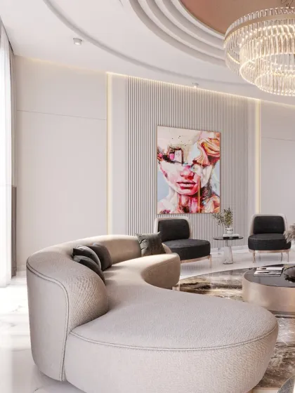 The main seating area is anchored by a large, curved sofa and a statement art piece, creating a vibrant yet elegant focal point.