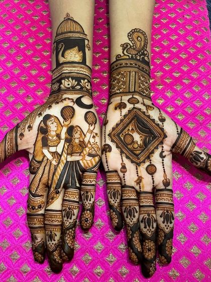 This Karwa Chauth design combines a portrait of women celebrating with a beautiful geometric pattern, showing that traditional stories can be paired with modern art.