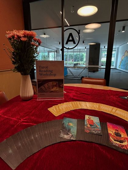 Another shot from the WeWork workshop, showing a spread of cards laid out on the table. I love creating these hands-on experiences where people can connect directly with the art and energy of tarot.