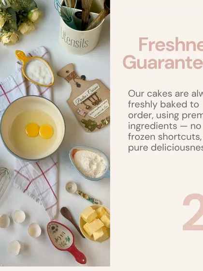 Freshness is guaranteed in every cake I make. I bake everything to order using premium ingredients, never frozen shortcuts. This flat lay shows some of the quality components that go into my creations.