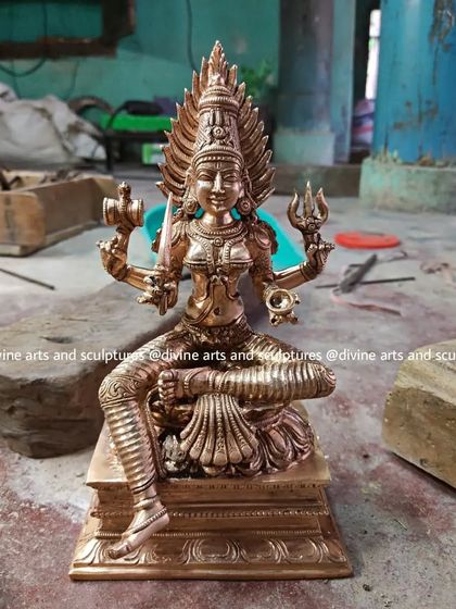 An 8-inch Panchaloha Mariamman statue, shown in our workshop. This piece was created for a client in Bangalore, perfect for a personal home altar.
