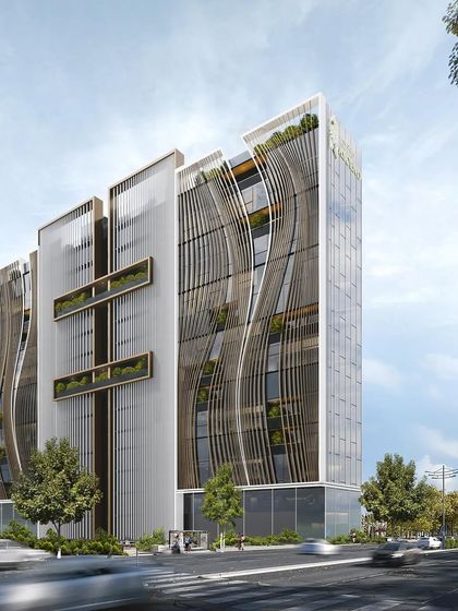 An alternate view of our upcoming commercial development in Pune for Vascon Engineers. The design features prominent green terraces integrated into the facade, blending biophilic elements with a high-tech, parametric structure.