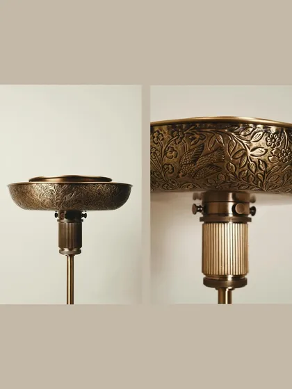 A diptych showing the exquisite hand-carved details on a brass lamp from Byaas Home. I wanted to capture the artistry up close, celebrating the skill that goes into making each piece.