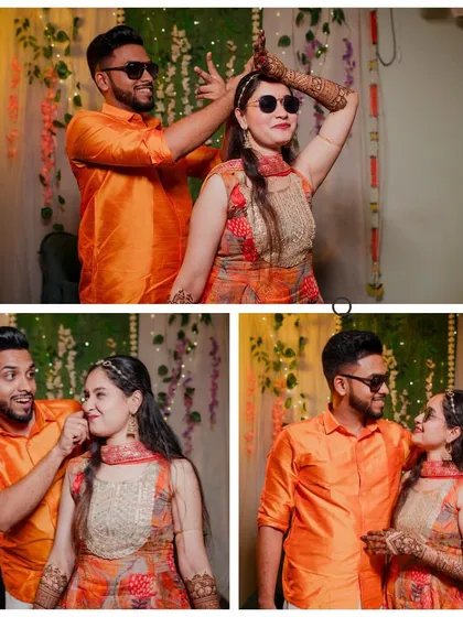 This collage captures the fun and playful side of a Mehandi ceremony. The couple poses with sunglasses and shares some lighthearted moments, showing the relaxed and happy vibe of the event.