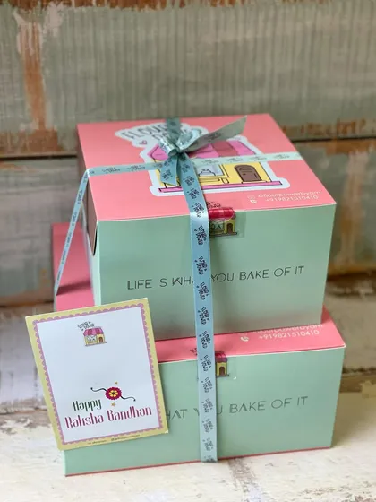 My signature pink and green boxes, all dressed up for Raksha Bandhan. The packaging is part of the gift, designed to make the unboxing experience special.