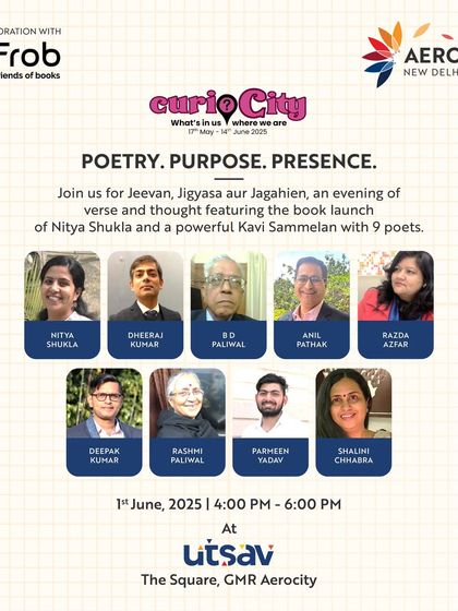 "Poetry. Purpose. Presence." A poster for 'Jeevan, Jigyasa aur Jagahien', an evening featuring a book launch and a powerful Kavi Sammelan with 9 poets at our Utsav venue.
