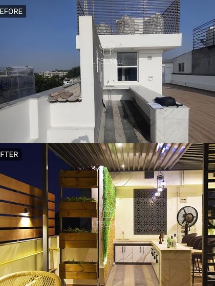 A small, awkward space becomes a functional and stylish bar area. We added a vertical garden, a custom bar, and overhead storage, maximizing the utility of this narrow balcony.