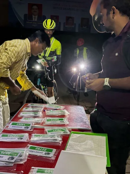 The registration desk at the Jog Falls 1000K BRM. This is where the adventure begins, as riders collect their brevet cards and prepare for the epic journey ahead.