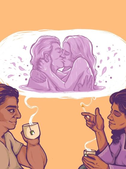 A detail of the thought bubble, visualizing the couple's shared fantasy and emotional connection.