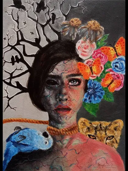 This painting is my interpretation of humanity's impact on Mother Nature. It’s a deeply symbolic piece that contrasts life and decay, using cracked textures and a split color palette to tell a story of loss and a plea for awareness.