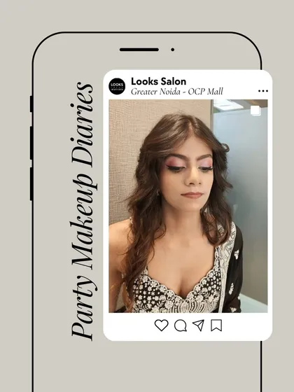 A closer look at the pink-toned party makeup. The color is concentrated on the lid for a modern effect, while the rest of the face is kept fresh and dewy.