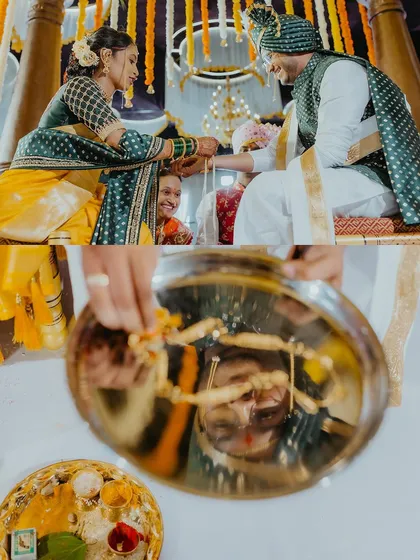 A creative shot of the wedding rituals, including a reflection of the groom in a ceremonial plate.