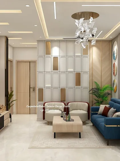 A living room with a bold blue sofa and a feature wall with multiple textures and gold accents. The design is vibrant, modern, and full of personality.