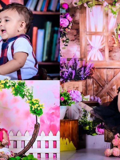 A collage showing a library theme and various floral setups.