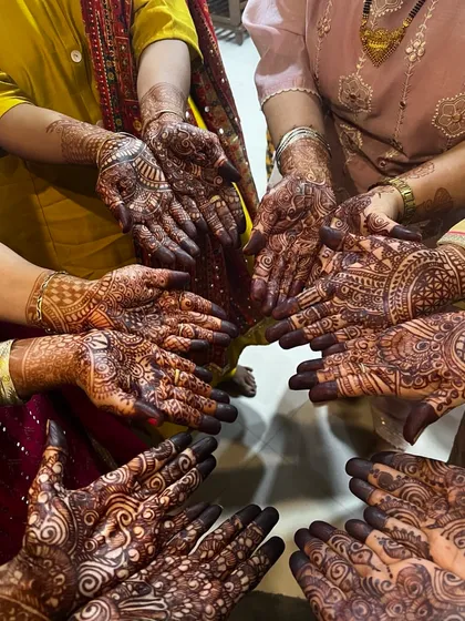 A beautiful group shot showcasing the intricate bridal mehendi designs our students learn to create. We take bulk orders for mehendi parties and events.