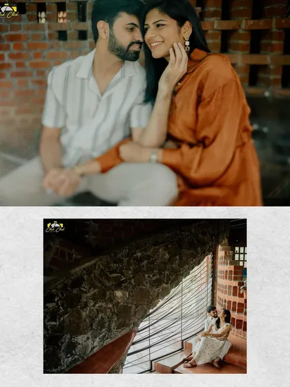 A creative collage combining a soft-focus portrait with a wide shot of the couple by a window, showcasing the architectural details of their rustic shoot location.