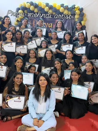 This is one of my proudest moments, seeing a batch of talented women become certified mehndi artists. My classes are a community where we support each other, and this picture captures the joy and success of completing the professional course together.