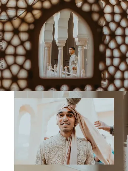 A collage of the groom getting ready, using architectural framing and capturing candid moments.
