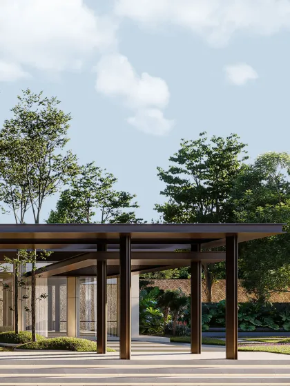 Geometry softened by landscape. This entrance pavilion draws its strength from rhythm, proportion, and the quiet interplay of light, shadow, and structural honesty.