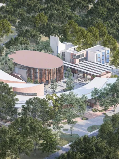 This aerial render shows our competition entry for the Centre for Excellence in Bangalore. The design envisions a sprawling campus where distinct architectural forms are woven together by flowing landscapes and water bodies, reflecting our belief in creating holistic, nature-centric environments.