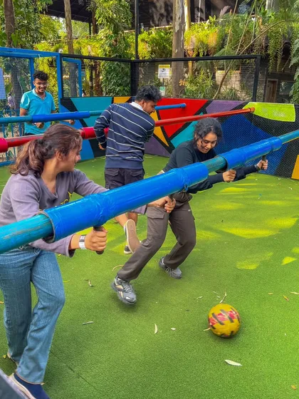A candid moment during a Human Foosball game. The colorful arena and constant action make for great photos.