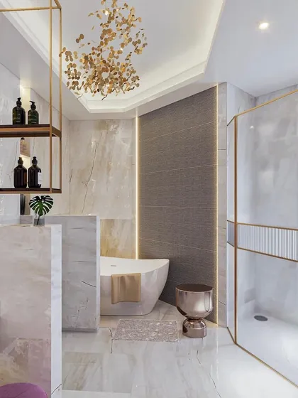 A luxurious master bathroom with an open-plan feel. The design uses glass partitions, a freestanding tub, and a mix of marble and textured walls to create a spacious, spa-like environment.