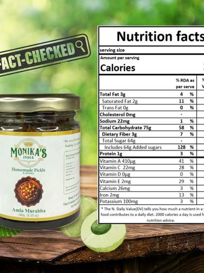 Check the nutrition facts for my Amla Murabba. It’s a sweet treat that is also a great source of Vitamin A and Vitamin C.