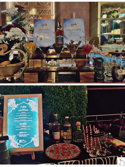 This collage shows two different bar styles. The top features a whiskey-focused display with pre-garnished martini glasses, while the bottom showcases a tropical-themed bar with a backlit menu and fresh fruit.