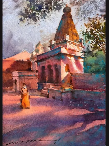 The final painting from an online landscape demonstration for Kala Arambh, showing a temple scene at sunrise.