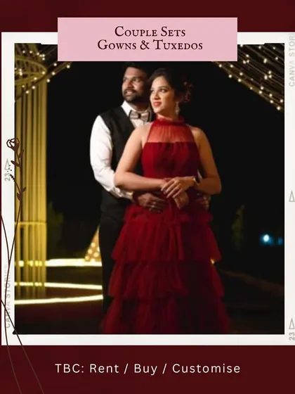 An intimate and elegant evening look for your pre-wedding shoot. This couple is perfectly coordinated with her in a tiered red gown and him in a classic black vest and trousers. This rental set is ideal for romantic, softly lit photos.