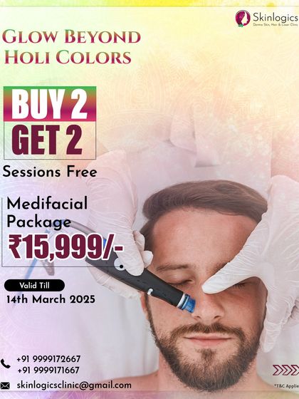 Our Holi offer to help you glow beyond the colors. This package includes a Buy 2, Get 2 Free deal on our Medifacial sessions, perfect for post-festival skin recovery.